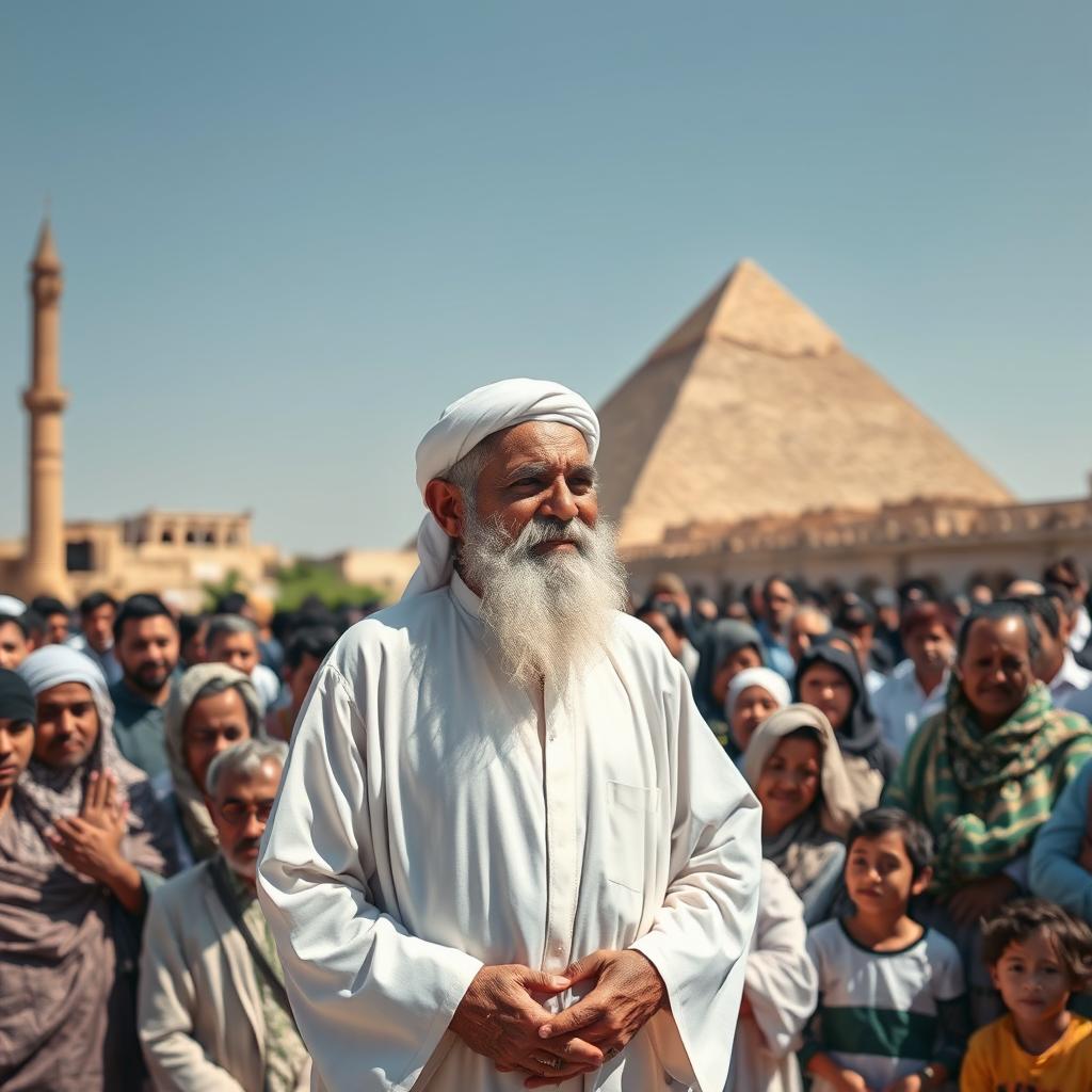 An elderly man standing proudly in front of a captivated crowd in Egypt, showcasing a wise and gentle demeanor