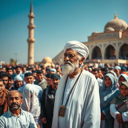 An elderly man standing proudly in front of a captivated crowd in Egypt, showcasing a wise and gentle demeanor