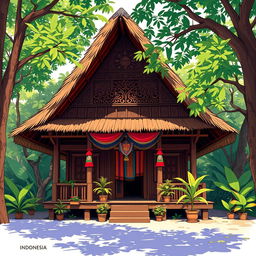 An illustration of a traditional Indonesian house, showcasing its unique architecture