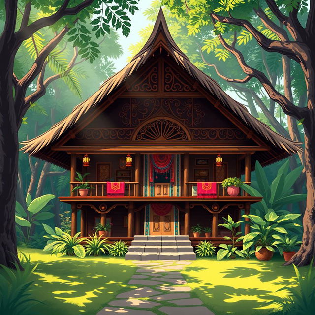 An illustration of a traditional Indonesian house, showcasing its unique architecture