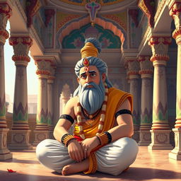 Shri Balram Ji, the revered figure in Hindu mythology, depicted sitting in a worried posture inside the majestic royal palace of Dwarka