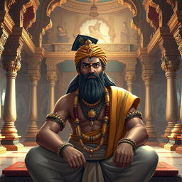 Shri Balram Ji, the revered figure in Hindu mythology, depicted sitting in a worried posture inside the majestic royal palace of Dwarka