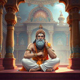 Shri Balram Ji, the revered figure in Hindu mythology, depicted sitting in a worried posture inside the majestic royal palace of Dwarka