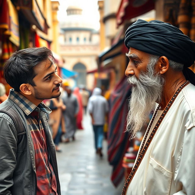 A young man respectfully asking a question to an elderly man in a traditional Egyptian setting, illustrating a moment of generational exchange