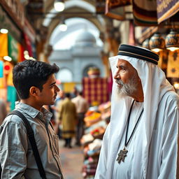 A young man respectfully asking a question to an elderly man in a traditional Egyptian setting, illustrating a moment of generational exchange