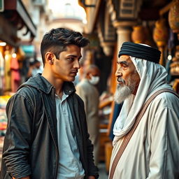 A young man respectfully asking a question to an elderly man in a traditional Egyptian setting, illustrating a moment of generational exchange