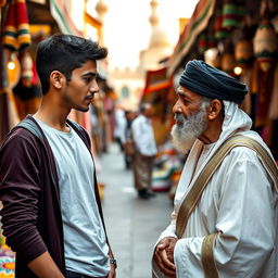 A young man respectfully asking a question to an elderly man in a traditional Egyptian setting, illustrating a moment of generational exchange