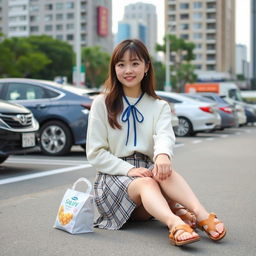 A beautiful young Japanese college student woman sitting casually near a parking lot in a bustling city
