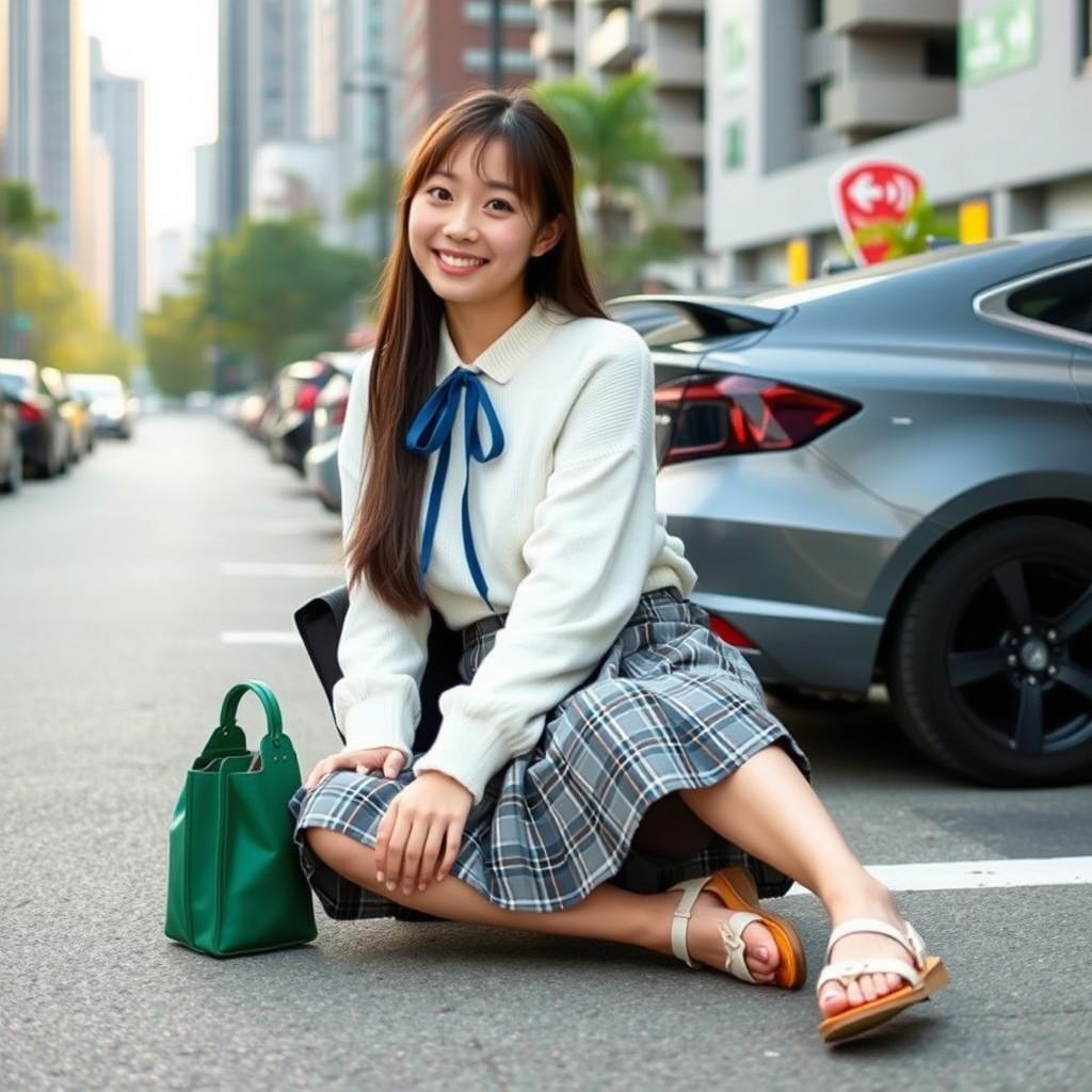 A beautiful young Japanese college student woman sitting casually near a parking lot in a bustling city