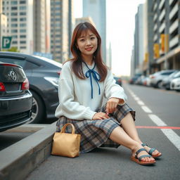 A beautiful young Japanese college student woman sitting casually near a parking lot in a bustling city