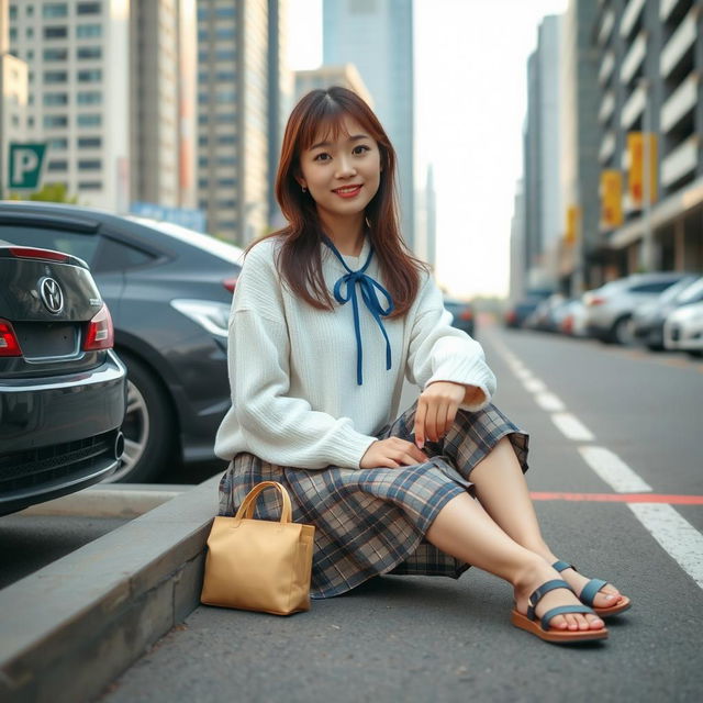 A beautiful young Japanese college student woman sitting casually near a parking lot in a bustling city