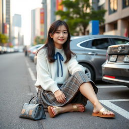 A beautiful young Japanese college student woman sitting casually near a parking lot in a bustling city