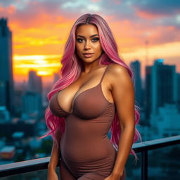 A beautiful woman with large breasts and a curvy figure, long flowing pink hair cascading down her shoulders