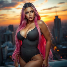 A beautiful woman with large breasts and a curvy figure, long flowing pink hair cascading down her shoulders