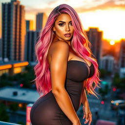 A beautiful woman with large breasts and a curvy figure, long flowing pink hair cascading down her shoulders
