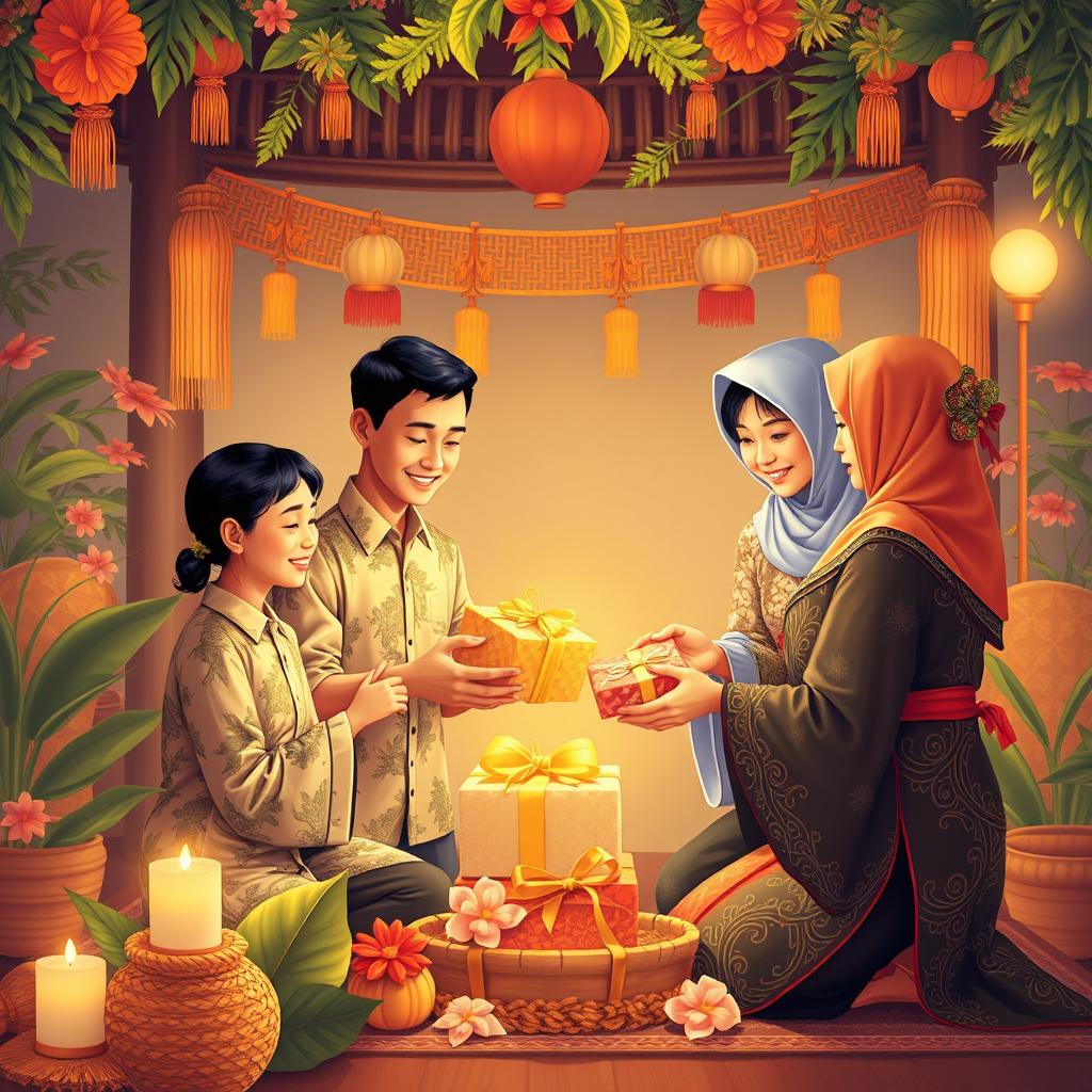 An enchanting scene depicting the tradition of gift-giving during an Indonesian holiday in Java
