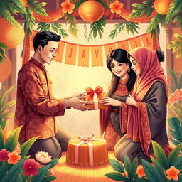 An enchanting scene depicting the tradition of gift-giving during an Indonesian holiday in Java