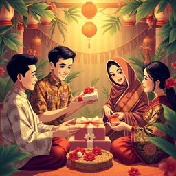 An enchanting scene depicting the tradition of gift-giving during an Indonesian holiday in Java