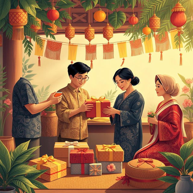 An enchanting scene depicting the tradition of gift-giving during an Indonesian holiday in Java