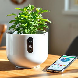 A stylish modern plant pot featuring a sleek design with a built-in sensor system