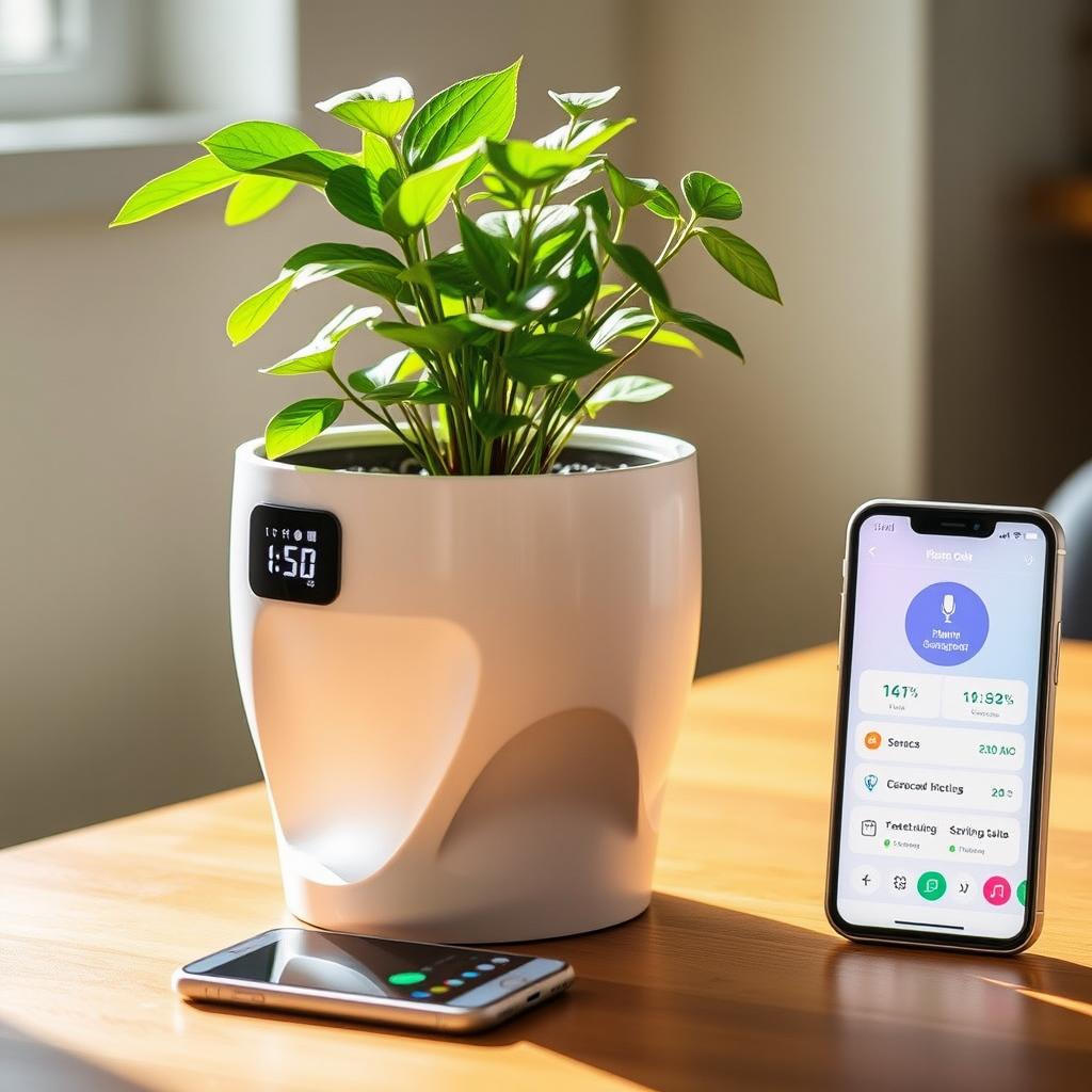 A stylish modern plant pot featuring a sleek design with a built-in sensor system