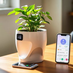 A stylish modern plant pot featuring a sleek design with a built-in sensor system