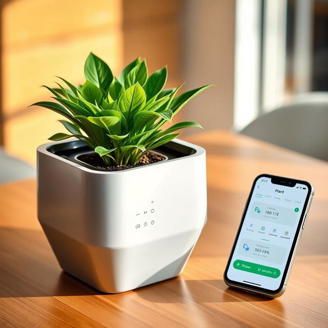 A stylish modern plant pot featuring a sleek design with a built-in sensor system