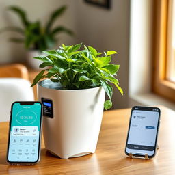 A stylish modern plant pot featuring a sleek design with a built-in sensor system