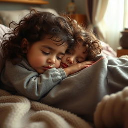 A tender scene of a five-year-old Iranian girl sleeping peacefully, nestled softly on her mother's foot