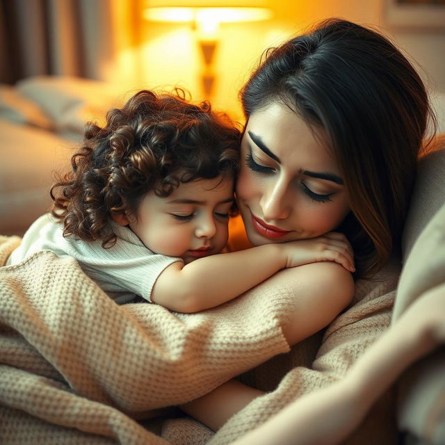 A tender scene of a five-year-old Iranian girl sleeping peacefully, nestled softly on her mother's foot