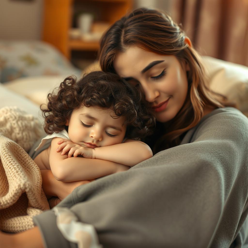 A tender scene of a five-year-old Iranian girl sleeping peacefully, nestled softly on her mother's foot