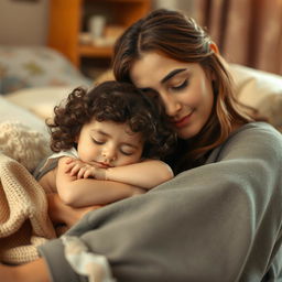 A tender scene of a five-year-old Iranian girl sleeping peacefully, nestled softly on her mother's foot