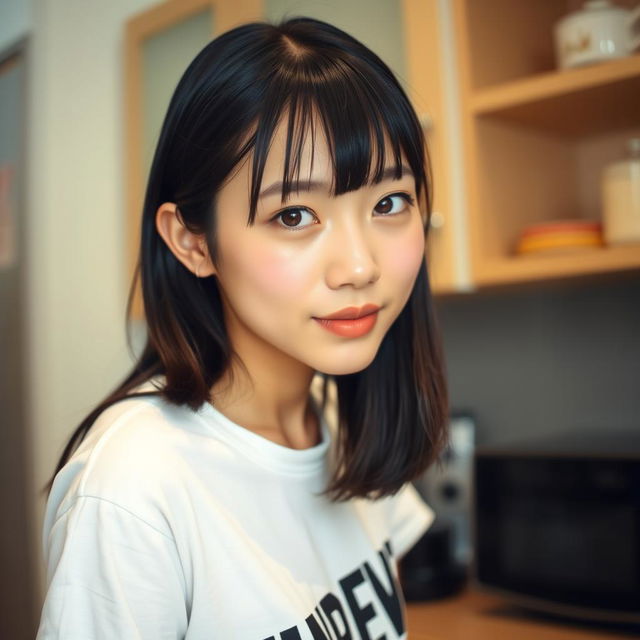 A beautiful and sexy young Japanese college student woman with straight black hair and bangs, wearing a white T-shirt with bold text on the front