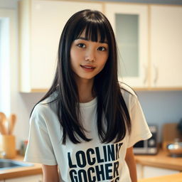 A beautiful and sexy young Japanese college student woman with straight black hair and bangs, wearing a white T-shirt with bold text on the front