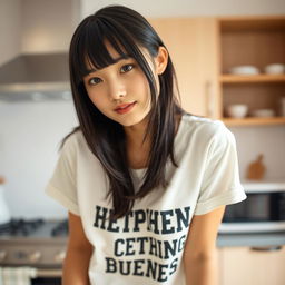 A beautiful and sexy young Japanese college student woman with straight black hair and bangs, wearing a white T-shirt with bold text on the front