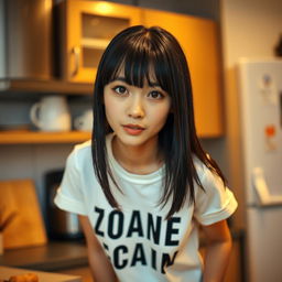 A beautiful and sexy young Japanese college student woman with straight black hair and bangs, wearing a white T-shirt with bold text on the front