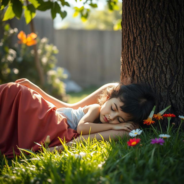 A serene scene in a sunlit corner of a yard, featuring a mother with big expressive eyes resting comfortably against a tree, her five-year-old Iranian daughter peacefully sleeping on her foot