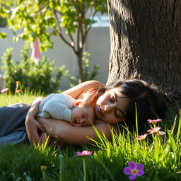 A serene scene in a sunlit corner of a yard, featuring a mother with big expressive eyes resting comfortably against a tree, her five-year-old Iranian daughter peacefully sleeping on her foot