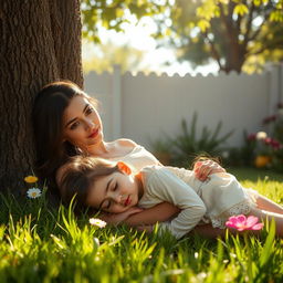 A serene scene in a sunlit corner of a yard, featuring a mother with big expressive eyes resting comfortably against a tree, her five-year-old Iranian daughter peacefully sleeping on her foot