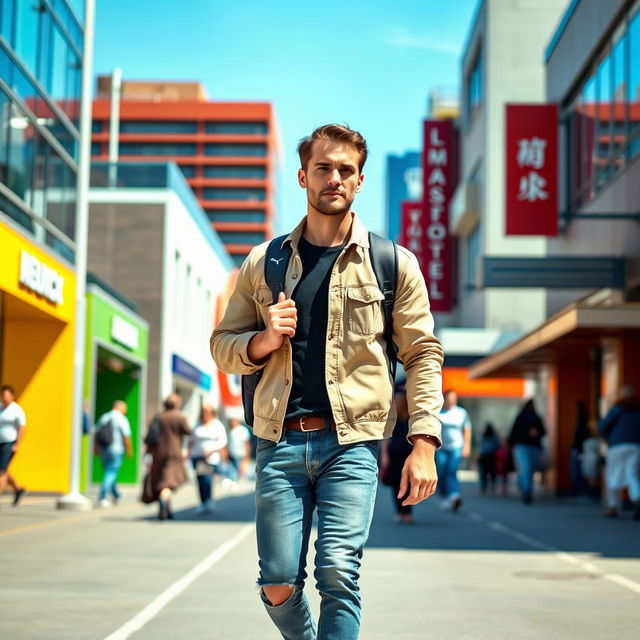 A man walking confidently on a vibrant urban street, surrounded by modern architecture and brightly colored storefronts