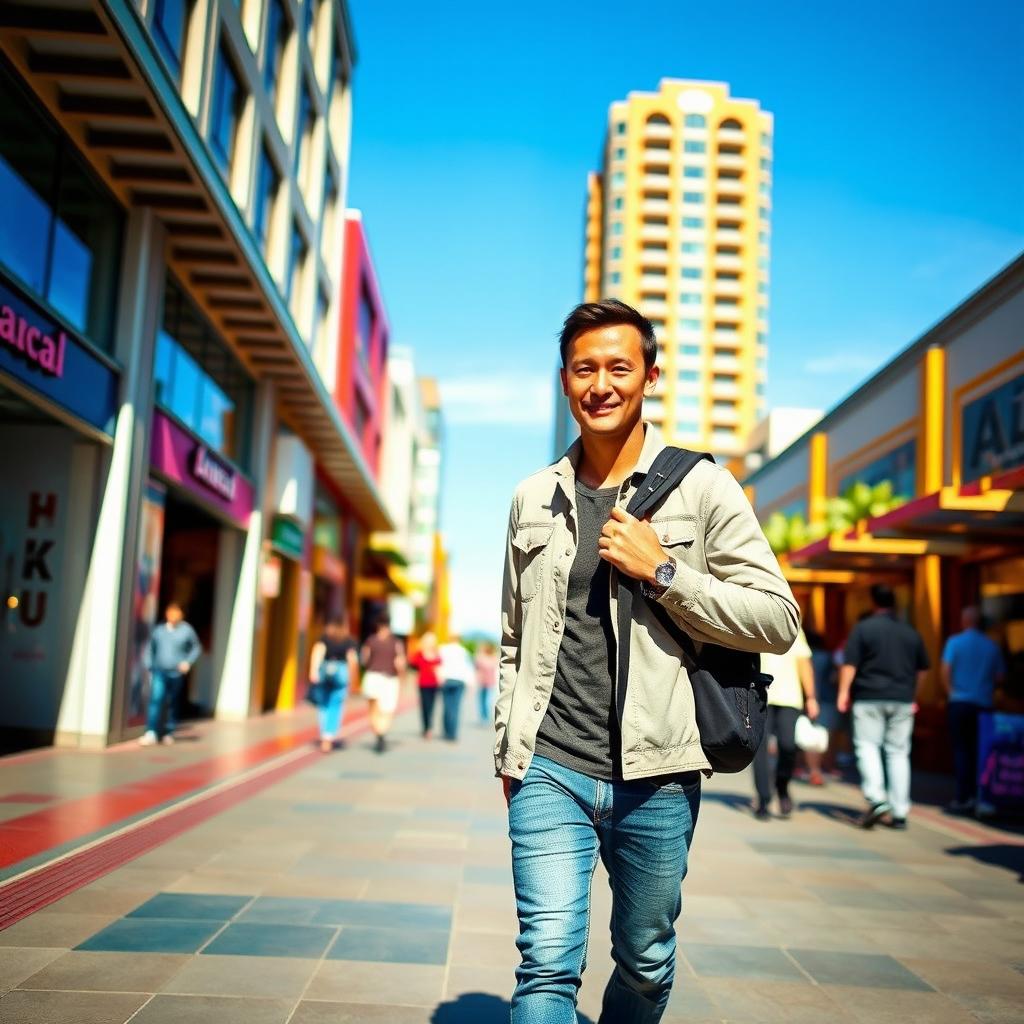 A man walking confidently on a vibrant urban street, surrounded by modern architecture and brightly colored storefronts