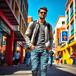 A man walking confidently on a vibrant urban street, surrounded by modern architecture and brightly colored storefronts