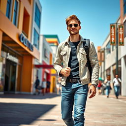 A man walking confidently on a vibrant urban street, surrounded by modern architecture and brightly colored storefronts