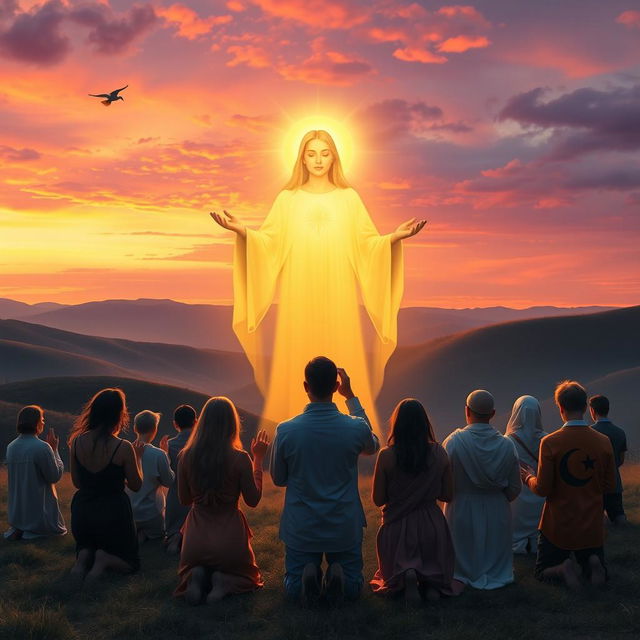A serene and beautiful representation of monotheism, featuring a glowing golden light emanating from a single, ethereal divine figure