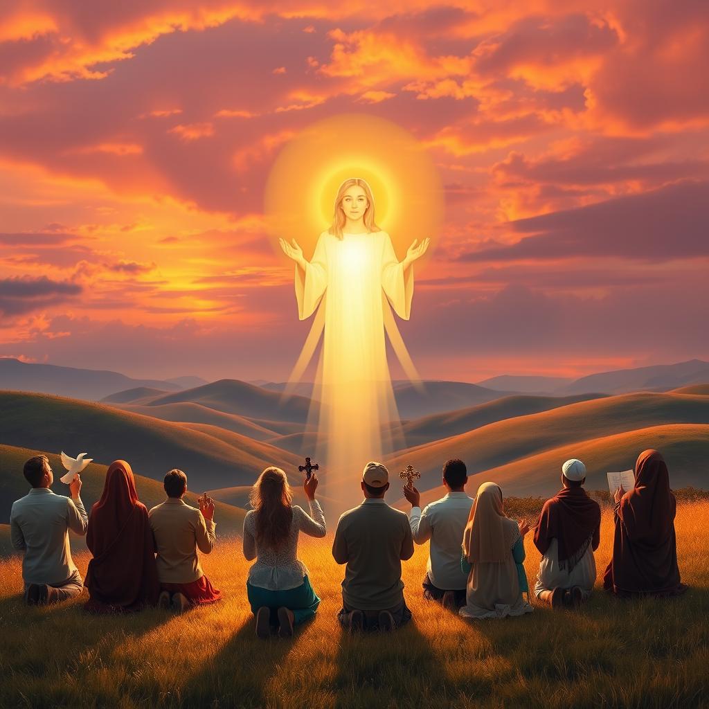 A serene and beautiful representation of monotheism, featuring a glowing golden light emanating from a single, ethereal divine figure