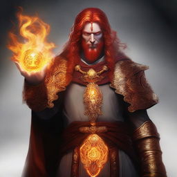 A digital art image depicting a fire genasi cleric