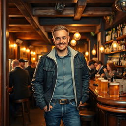 A lively pub scene featuring a man entering the establishment