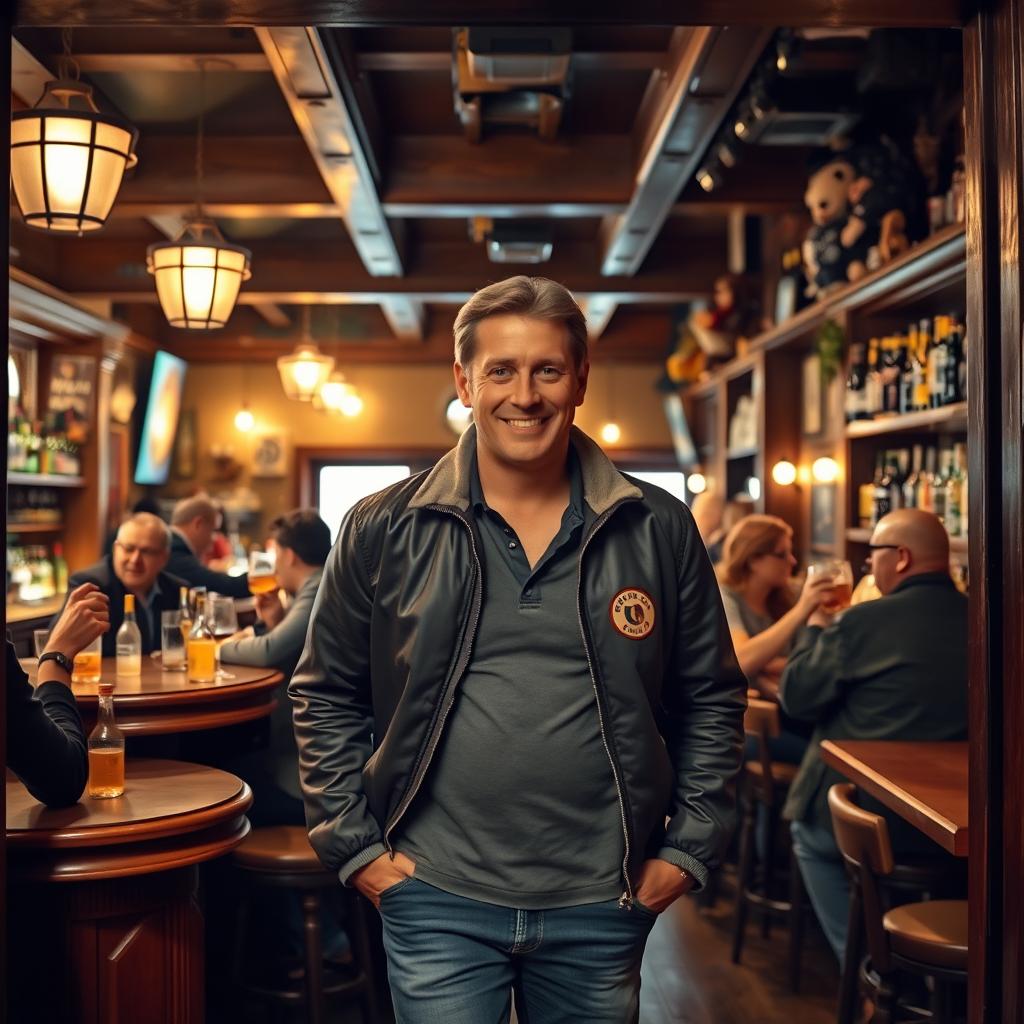 A lively pub scene featuring a man entering the establishment