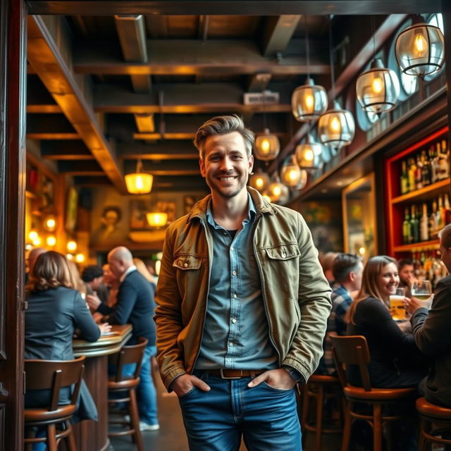 A lively pub scene featuring a man entering the establishment