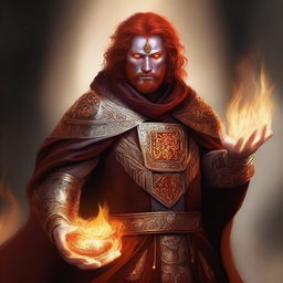 A digital art image depicting a fire genasi cleric